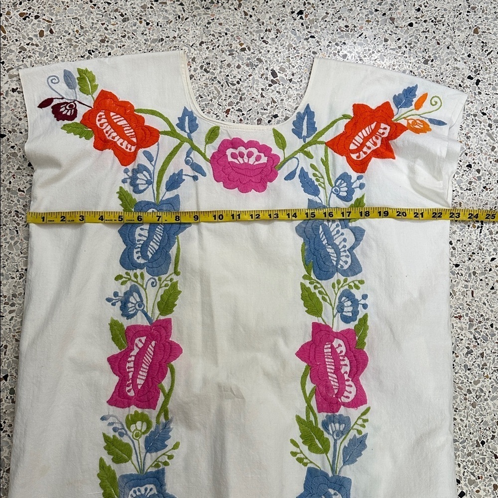 Mexican floral embroidered dress caftan kaftan O/S pink blue - Picture 5 of 5